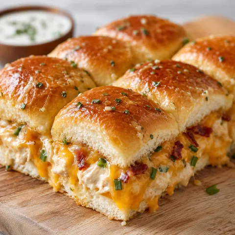 Golden baked crack chicken sliders with melted cheddar and bacon on a wooden board