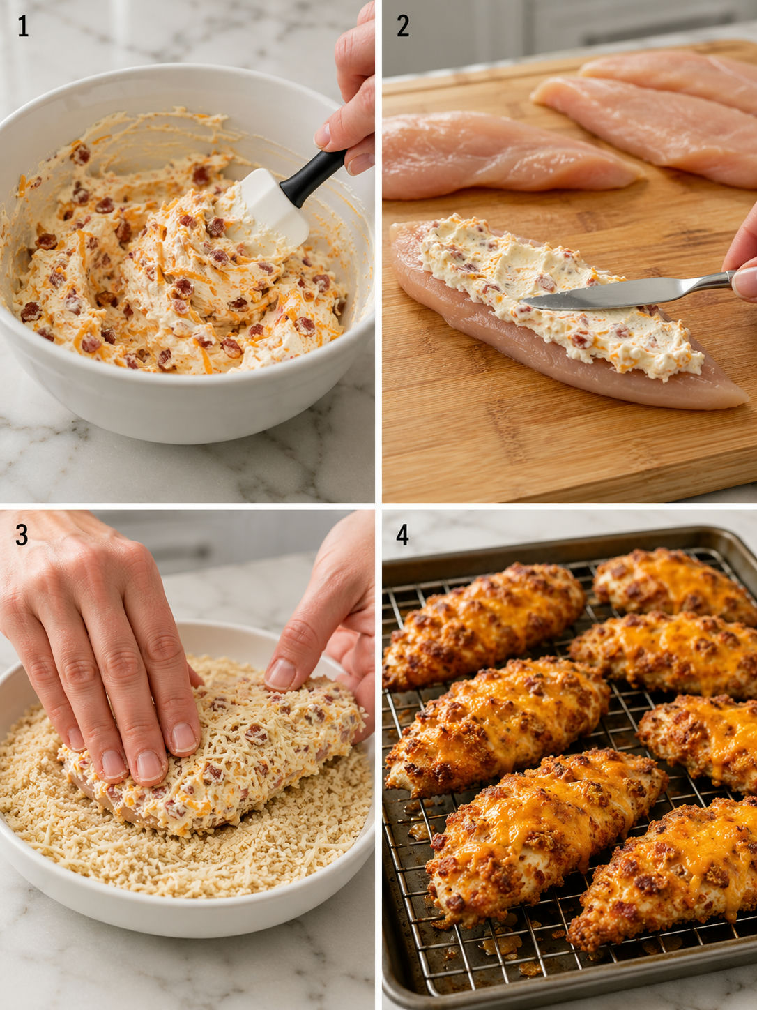 Four steps of making crack chicken tenders from mixing the coating to golden baked results