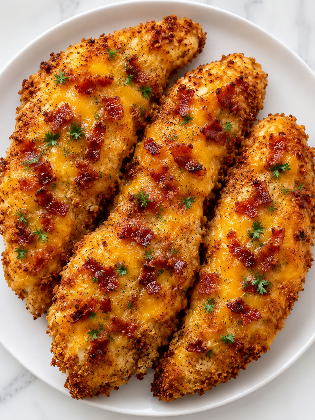 Overhead view of golden crack chicken tenders with melted cheddar and bacon on a white plate