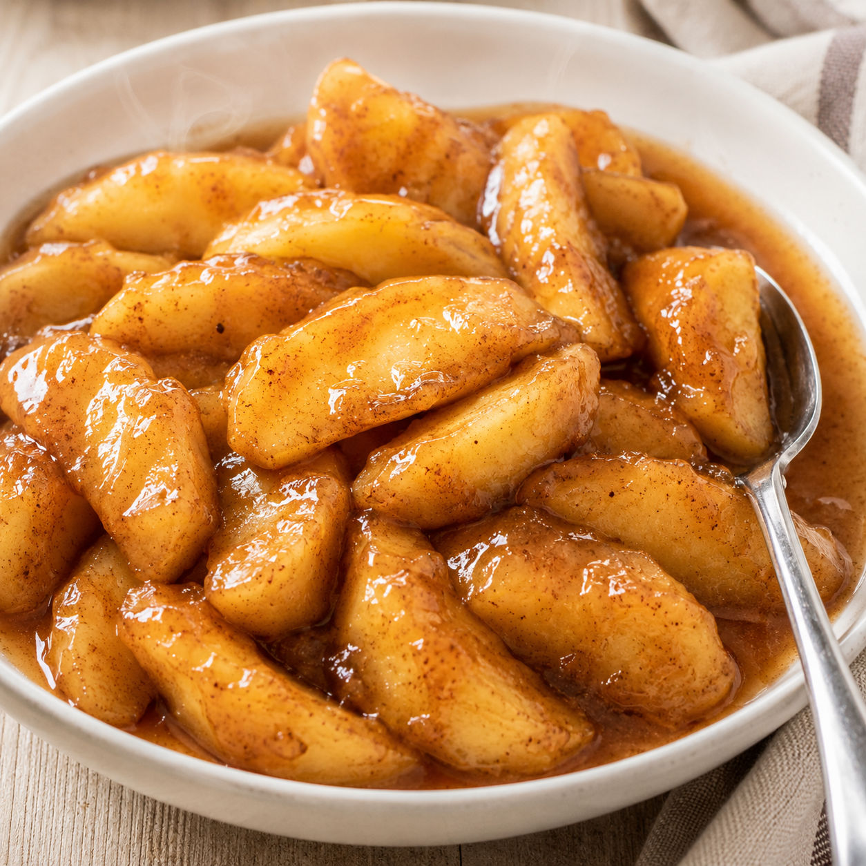 Cinnamon fried apples in a white bowl with glossy brown sugar sauce