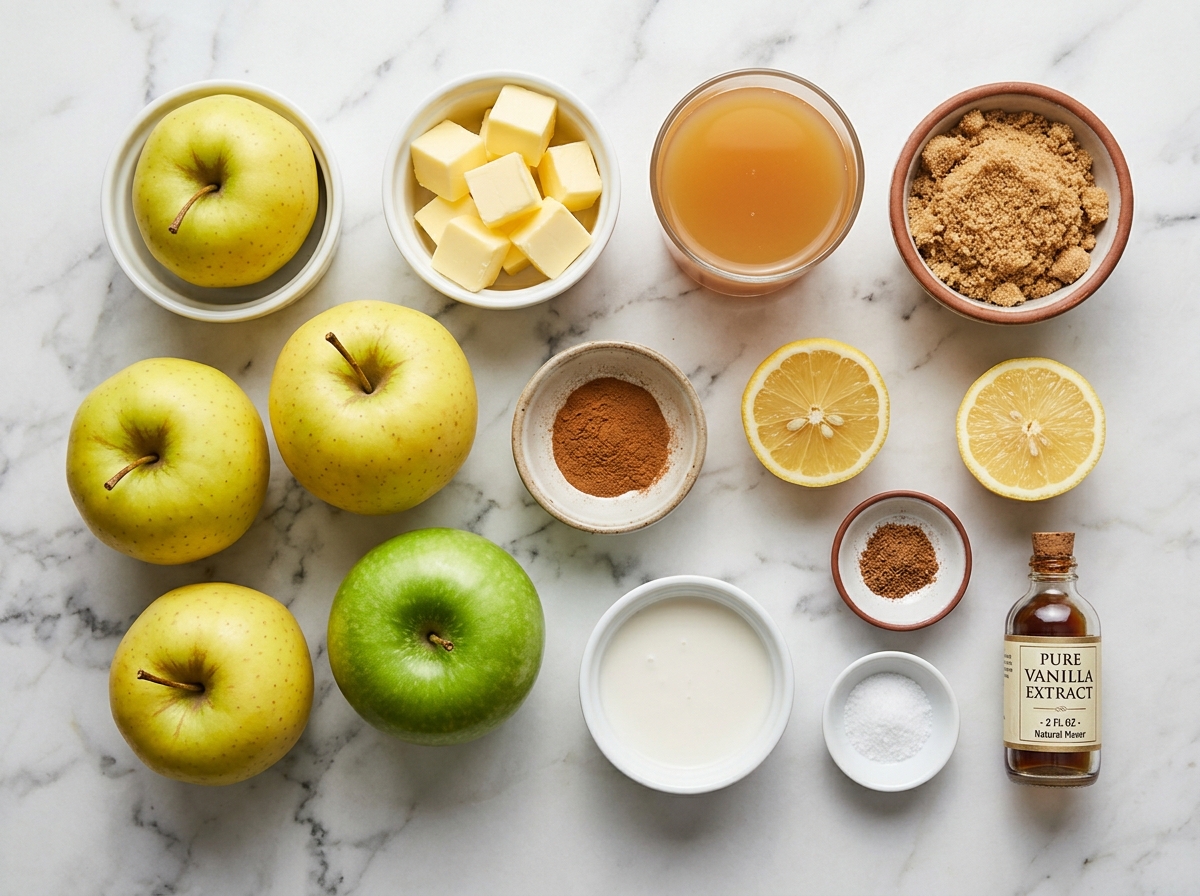 Apples, butter, cider, brown sugar, lemon, and spices for fried apples