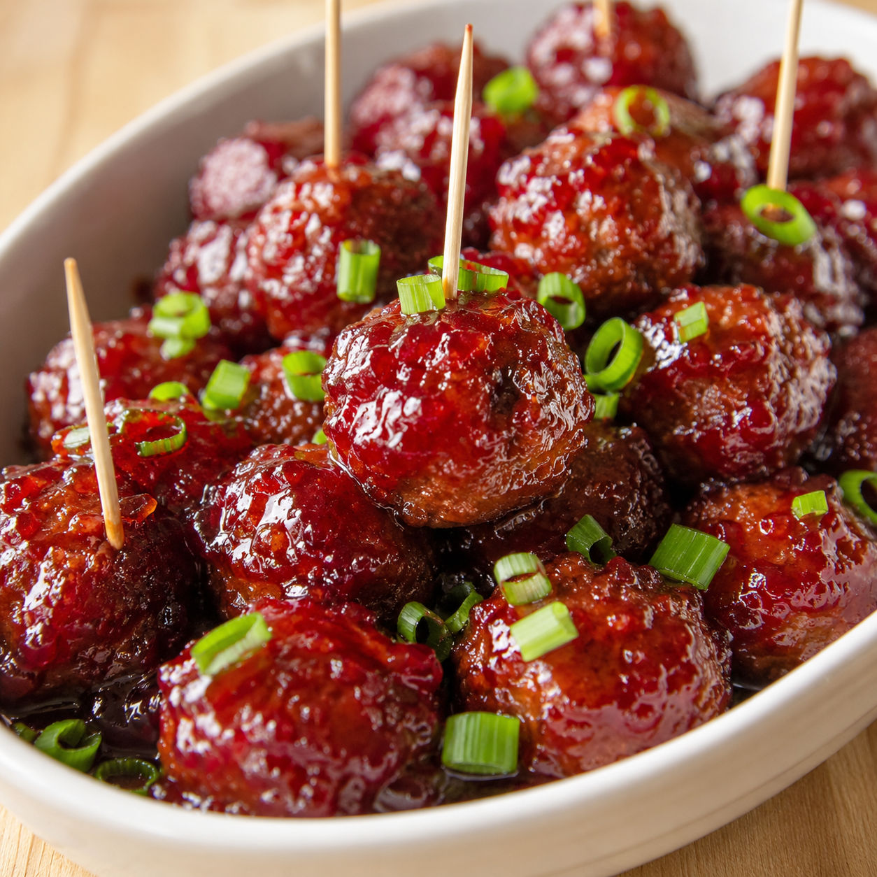 Sticky cranberry glazed meatballs in a white baking dish with green onion and toothpicks