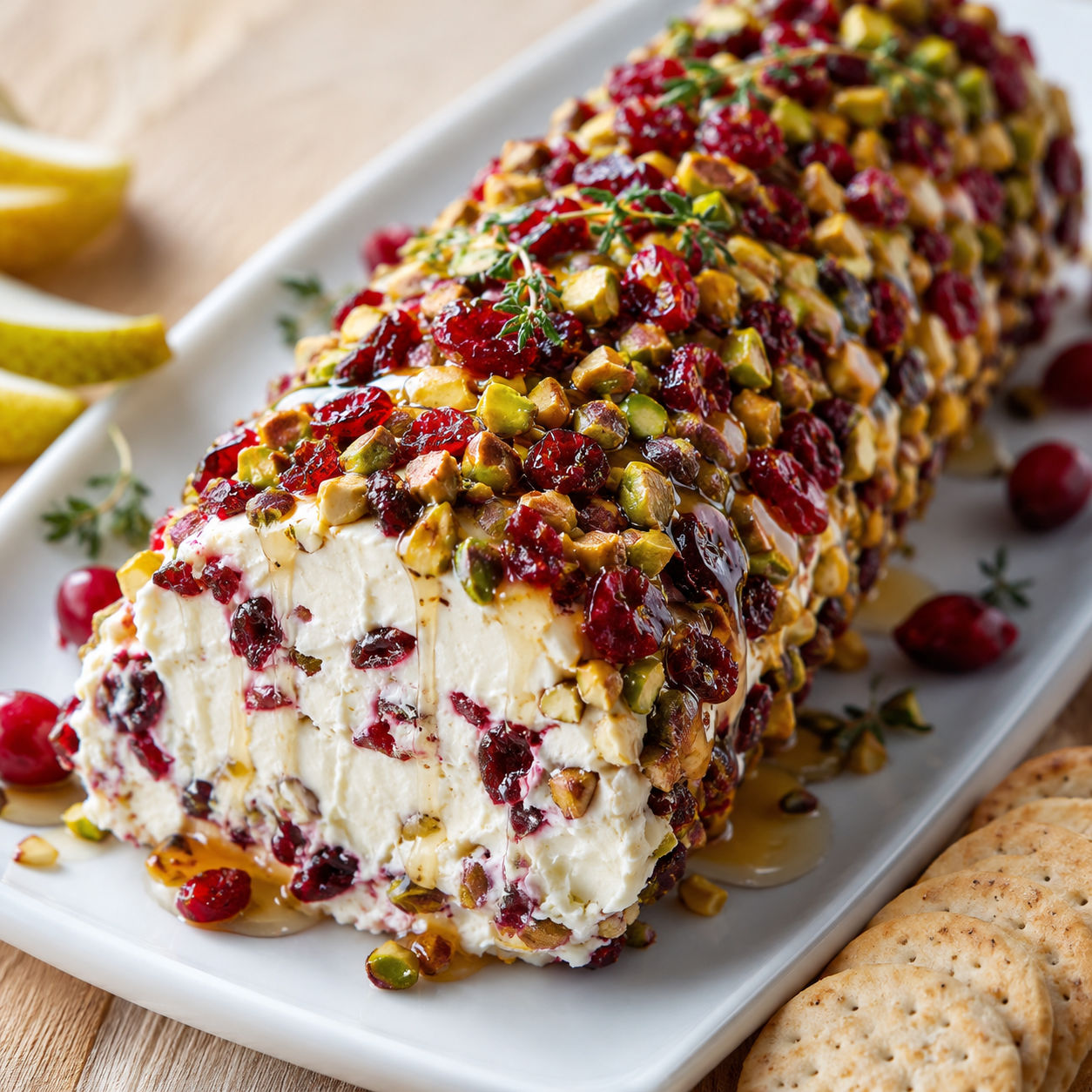 Cranberry pistachio cheese log with honey, crackers, and pear slices