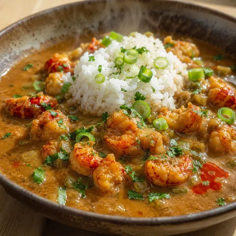 Crawfish étouffée over white rice with green onions and parsley