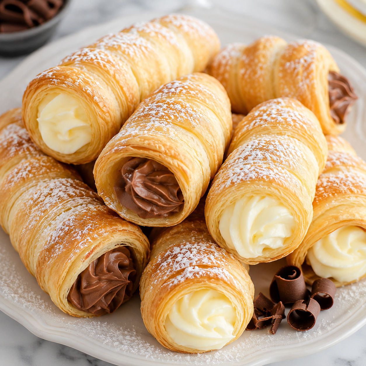 Cream horns filled with vanilla and chocolate cream on a white dessert plate