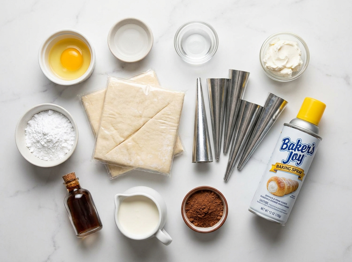 Ingredients for vanilla and chocolate cream horns with puff pastry and molds