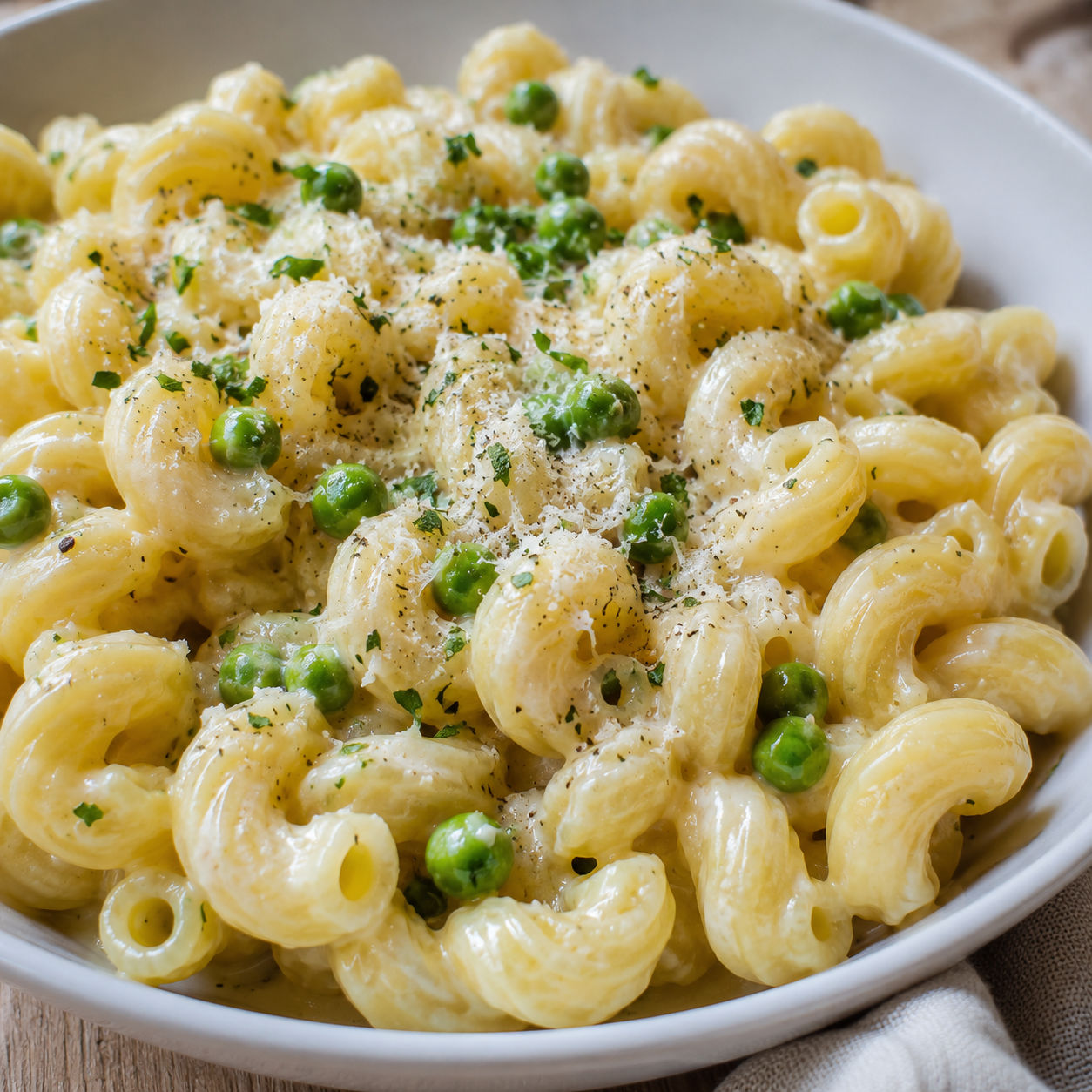 Creamy cavatappi pasta with peas, parmesan, parsley, and black pepper