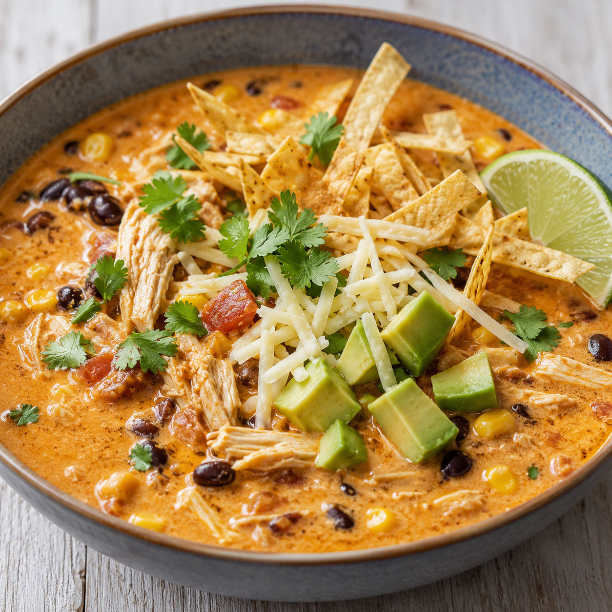 Creamy chicken tortilla soup with tortilla strips, avocado, cilantro, and lime