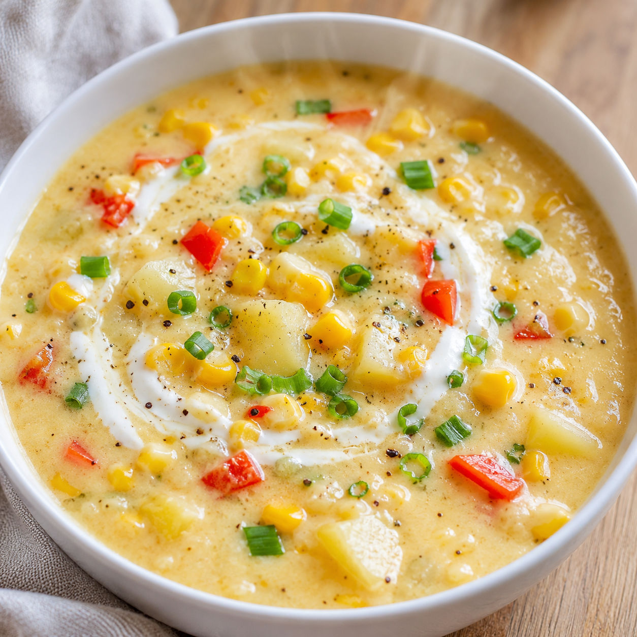 Creamy corn chowder with potatoes, green onions, and yogurt swirl