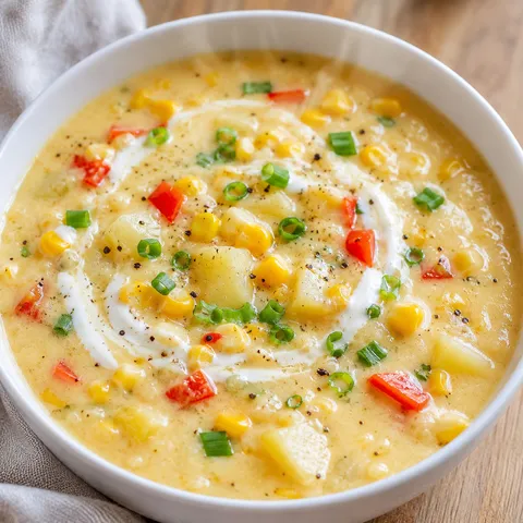 Creamy corn chowder with potatoes, green onions, and yogurt swirl