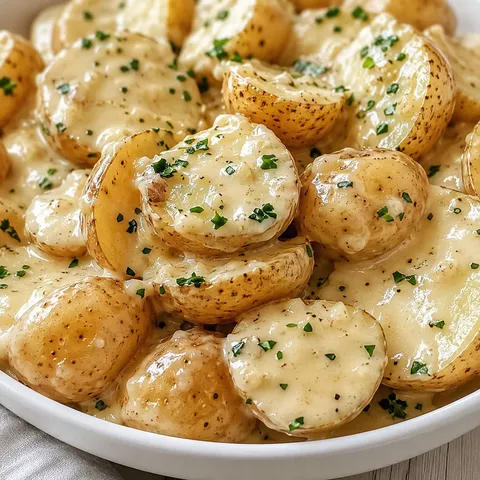 Creamy garlic baby potatoes with parsley in a white bowl