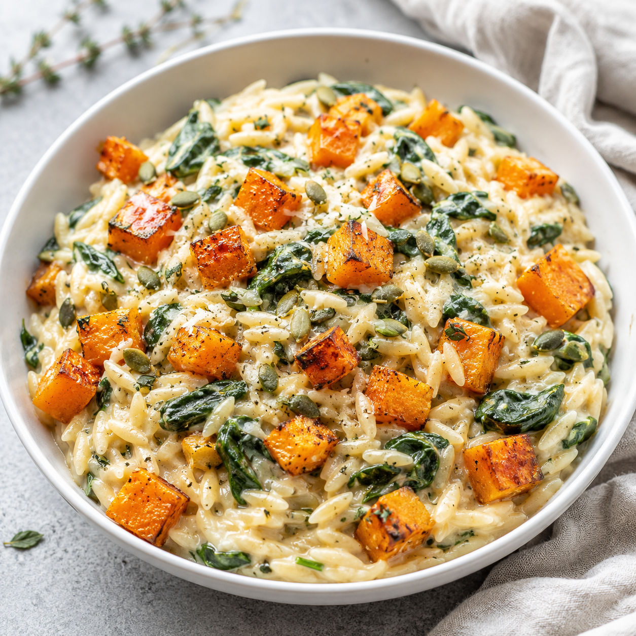 Creamy orzo with roasted butternut squash, spinach, parmesan, and herbs