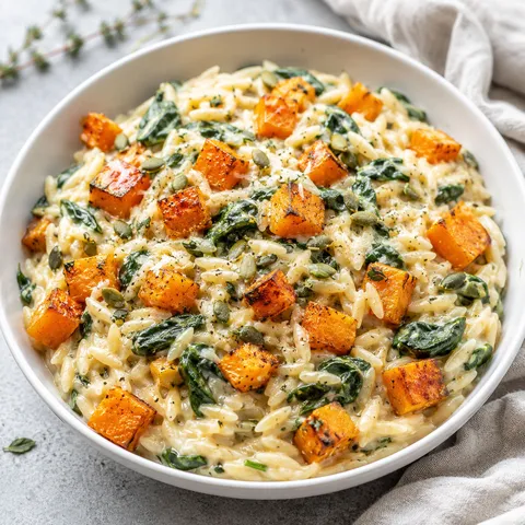 Creamy orzo with roasted butternut squash, spinach, parmesan, and herbs