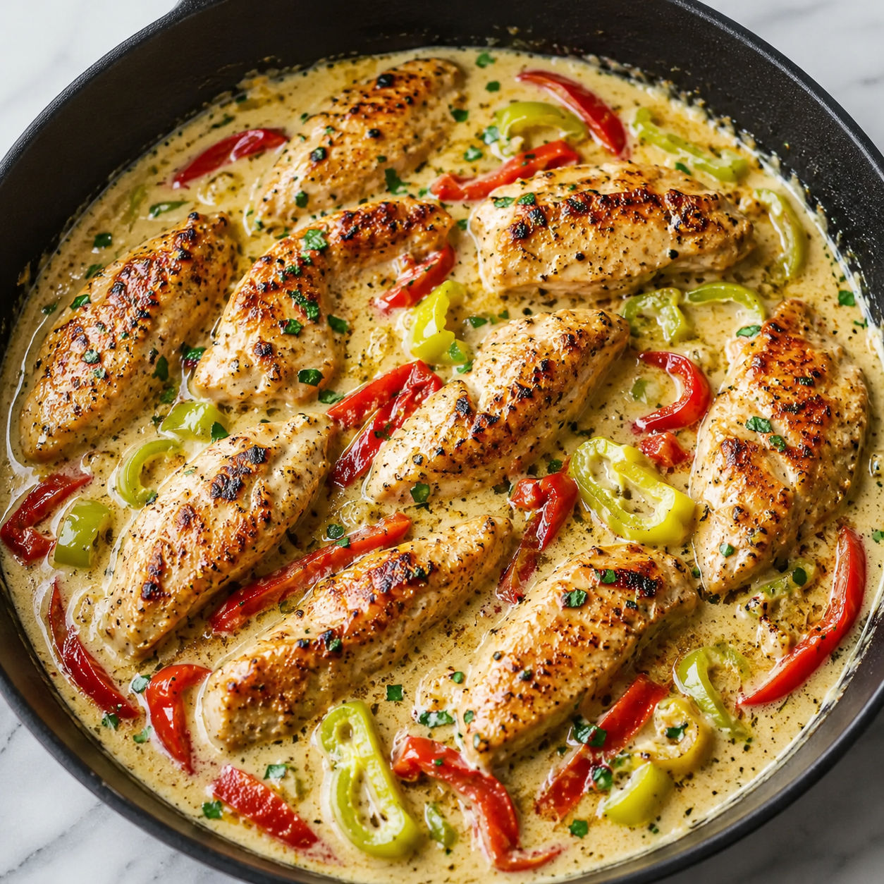 Creamy pepperoncini chicken skillet with roasted red peppers and parsley