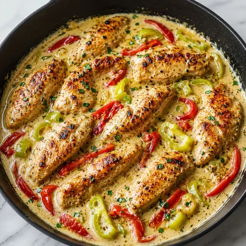 Creamy pepperoncini chicken skillet with roasted red peppers and parsley