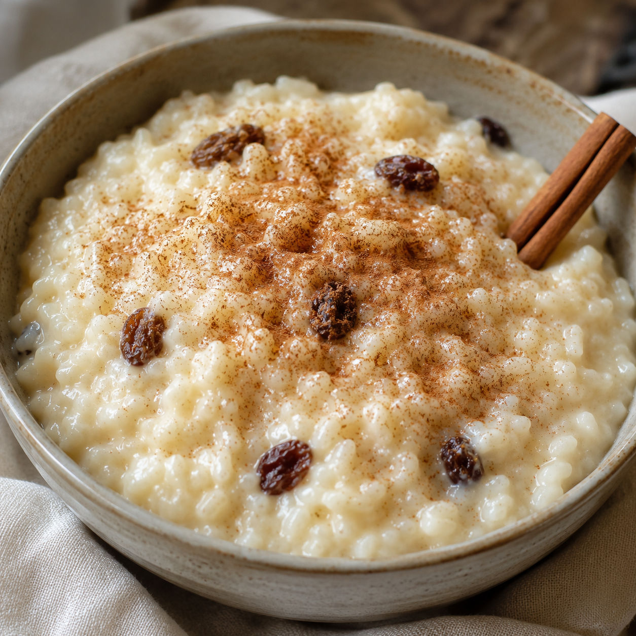 Creamy rice pudding with cinnamon and raisins in a shallow bowl