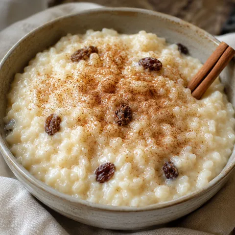 Creamy rice pudding with cinnamon and raisins in a shallow bowl