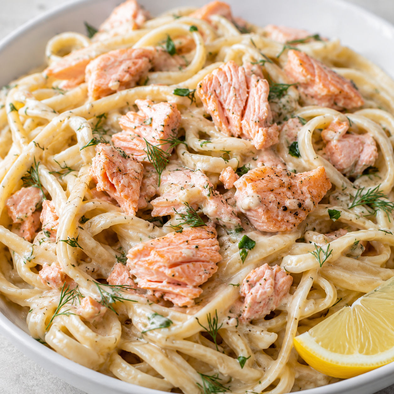 Creamy salmon fettuccine with dill, parsley, and lemon in a white bowl