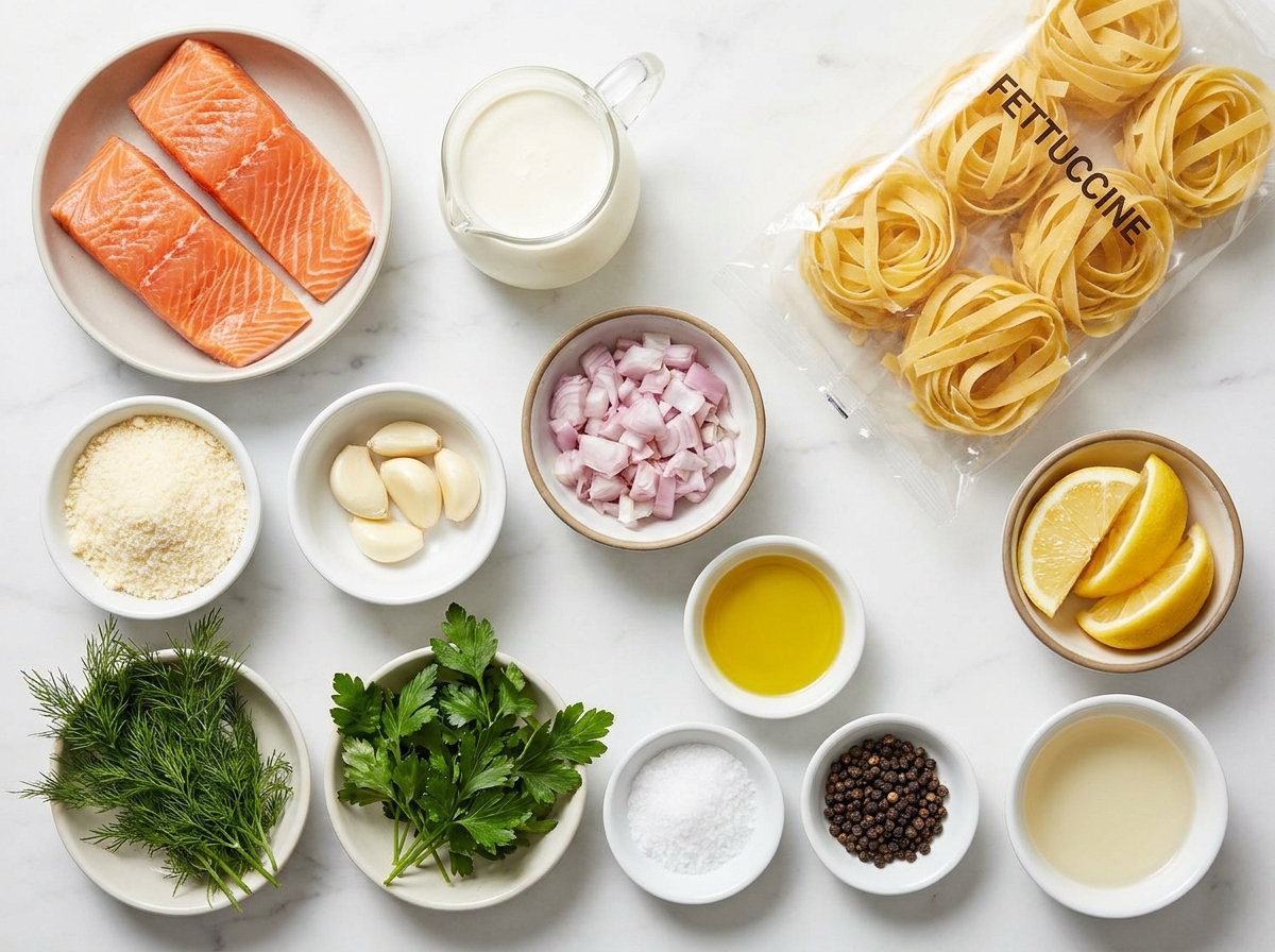 Ingredients for creamy salmon pasta with fettuccine, cream, lemon, and herbs