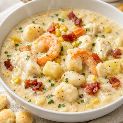 Creamy seafood chowder with shrimp, scallops, potatoes, corn, and parsley