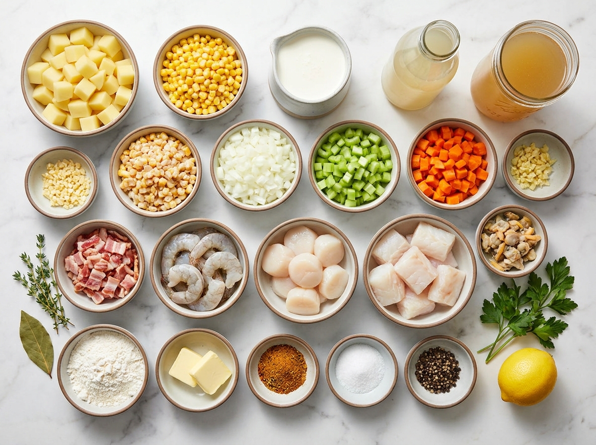 Seafood chowder ingredients with shrimp, scallops, cod, potatoes, corn, and cream