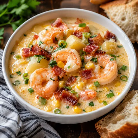 Creamy shrimp soup with corn, bacon, potatoes, and parsley in a white bowl