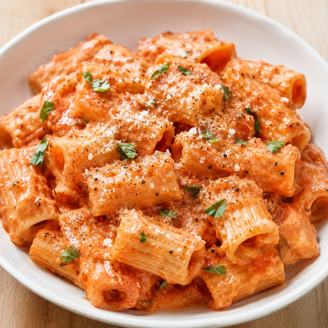 Creamy tomato rigatoni with parmesan and basil in a white bowl