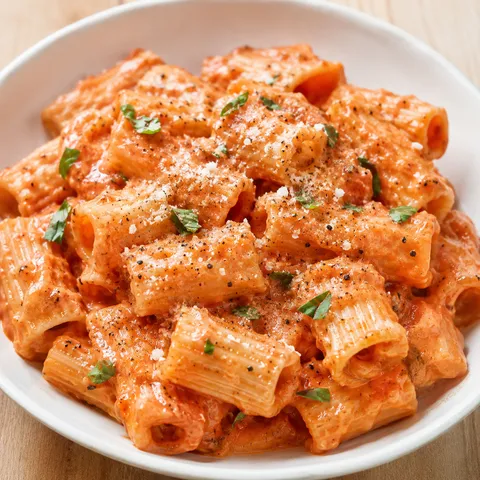 Creamy tomato rigatoni with parmesan and basil in a white bowl