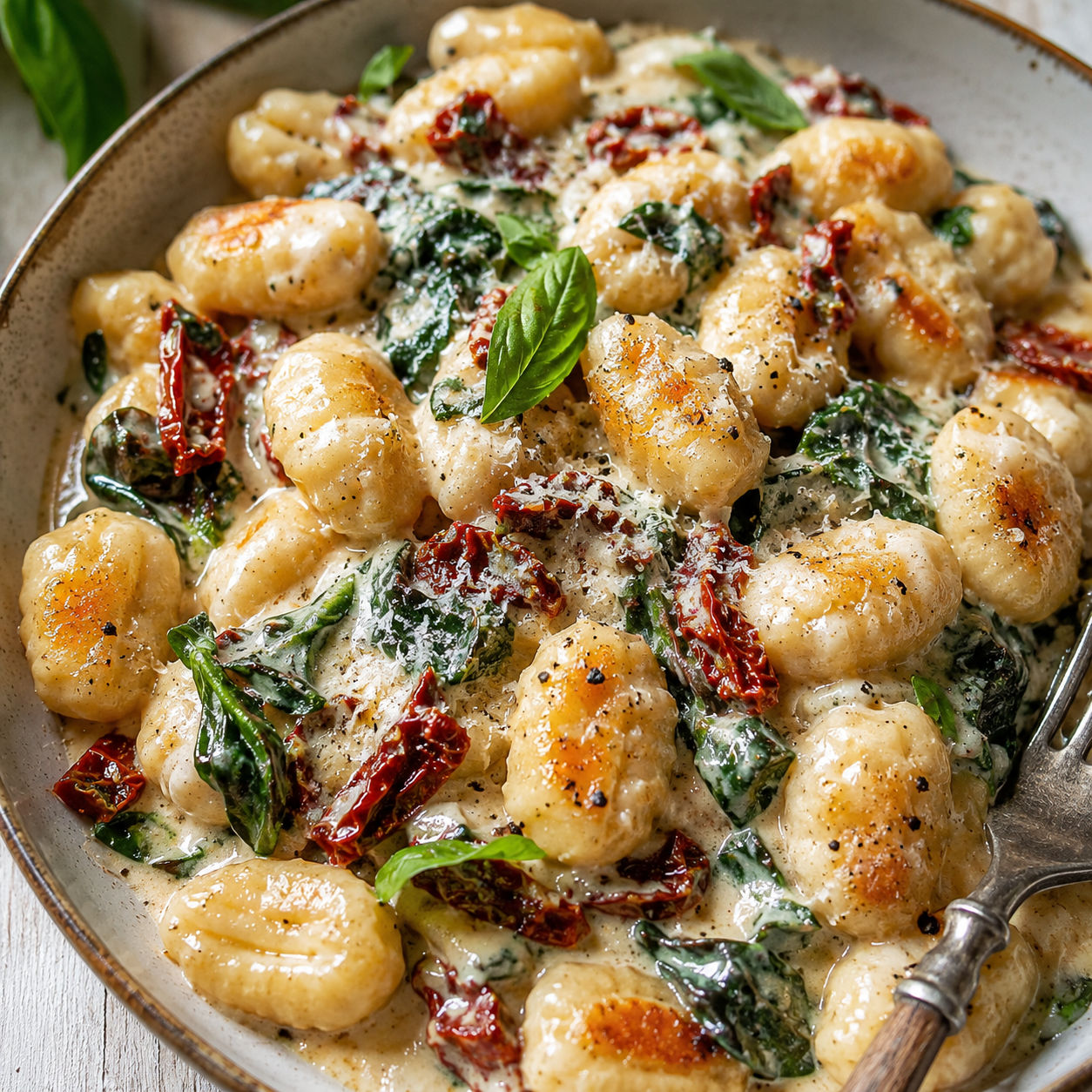 Creamy Tuscan marry me gnocchi with spinach and sun-dried tomatoes in a skillet