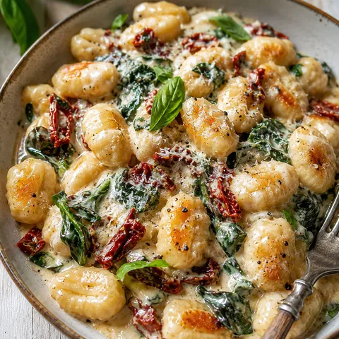 Creamy Tuscan marry me gnocchi with spinach and sun-dried tomatoes in a skillet