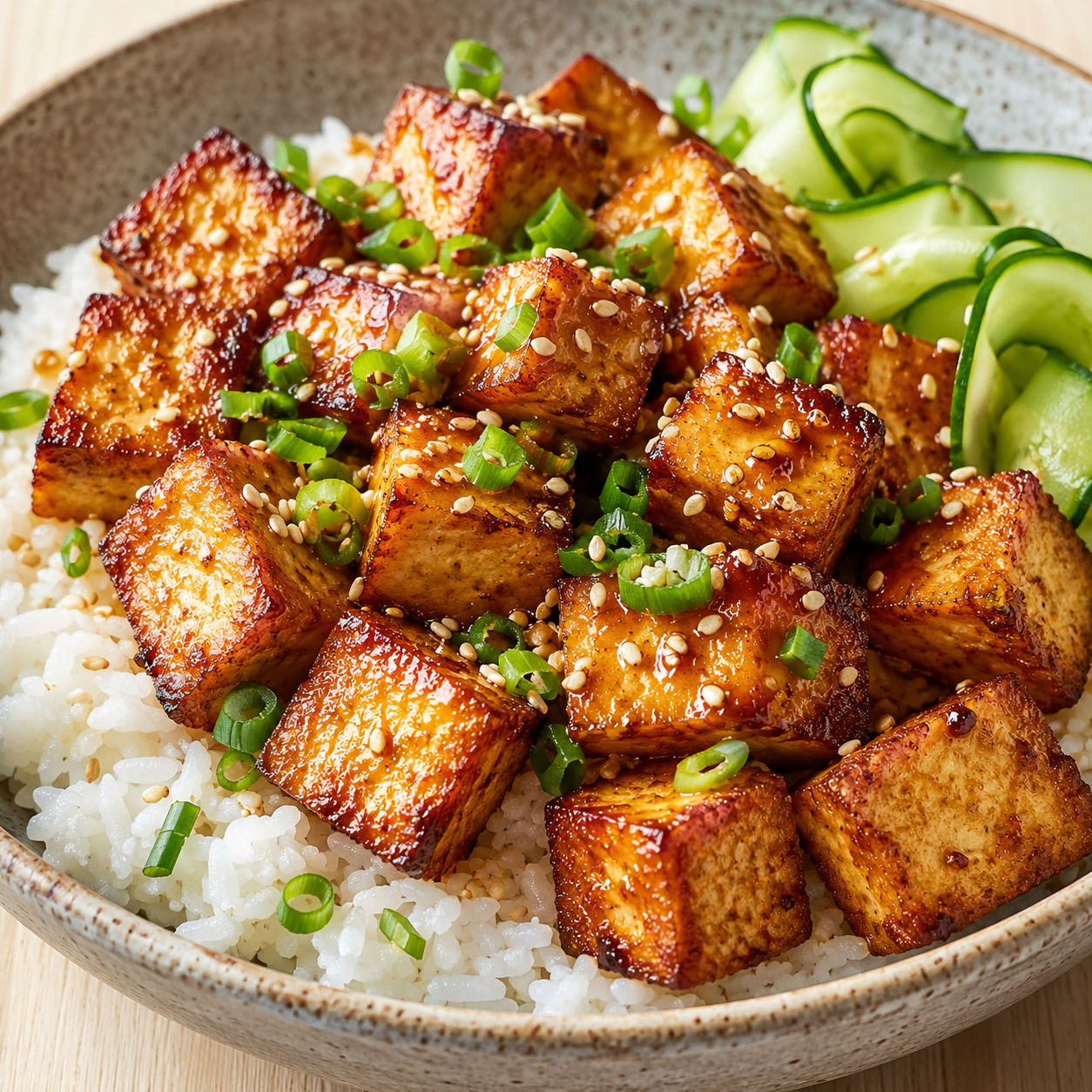 Crispy soy maple tofu cubes over rice with scallions and sesame