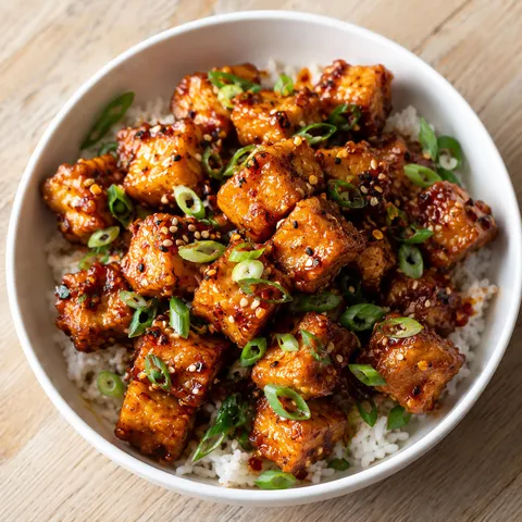 Crispy chili crunch tofu with scallions and sesame seeds over rice