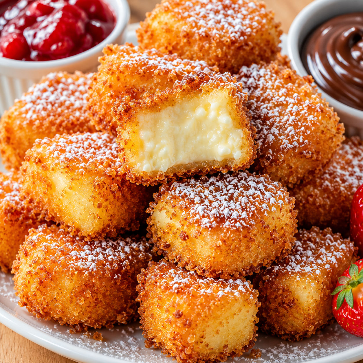 Crispy golden cheesecake bites with powdered sugar and dipping sauces