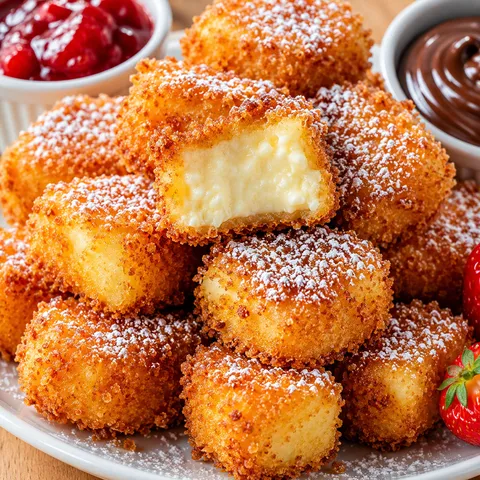 Crispy golden cheesecake bites with powdered sugar and dipping sauces