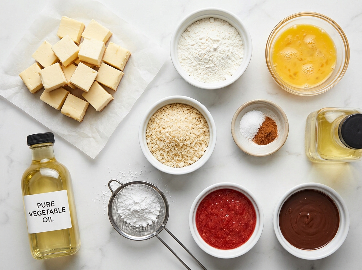 Ingredients for crispy cheesecake bites with panko, eggs, flour, and sauces
