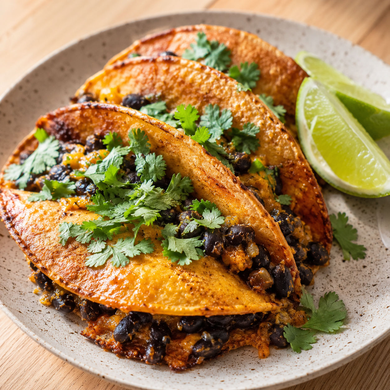 Crispy baked black bean tacos with melted cheese, cilantro, and lime wedges