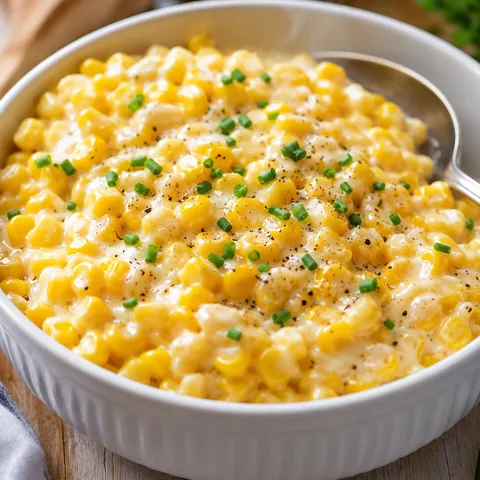 Creamed corn with chives and black pepper in a white serving bowl