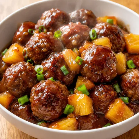 Hawaiian BBQ meatballs with pineapple chunks and green onions in a white bowl