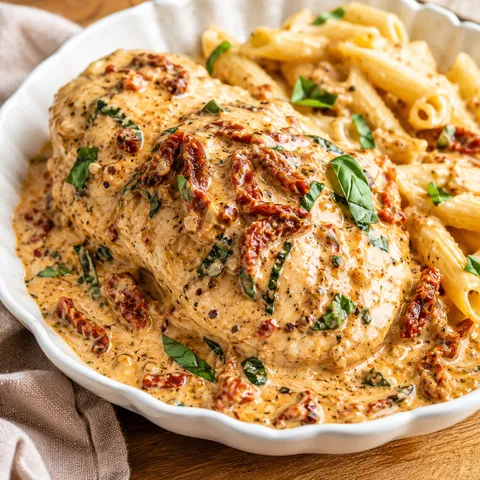 Crock Pot Marry Me Chicken with creamy sauce, sun-dried tomatoes, and basil