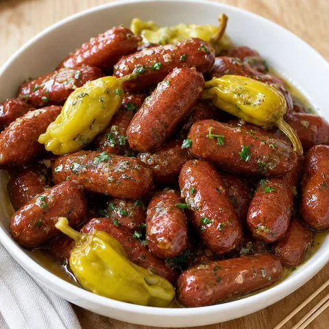 Mississippi Lit'l Smokies with pepperoncini and parsley in a white bowl