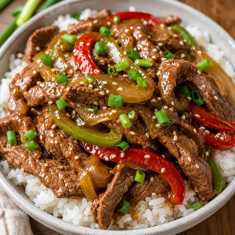 Crock pot pepper steak with bell peppers over white rice