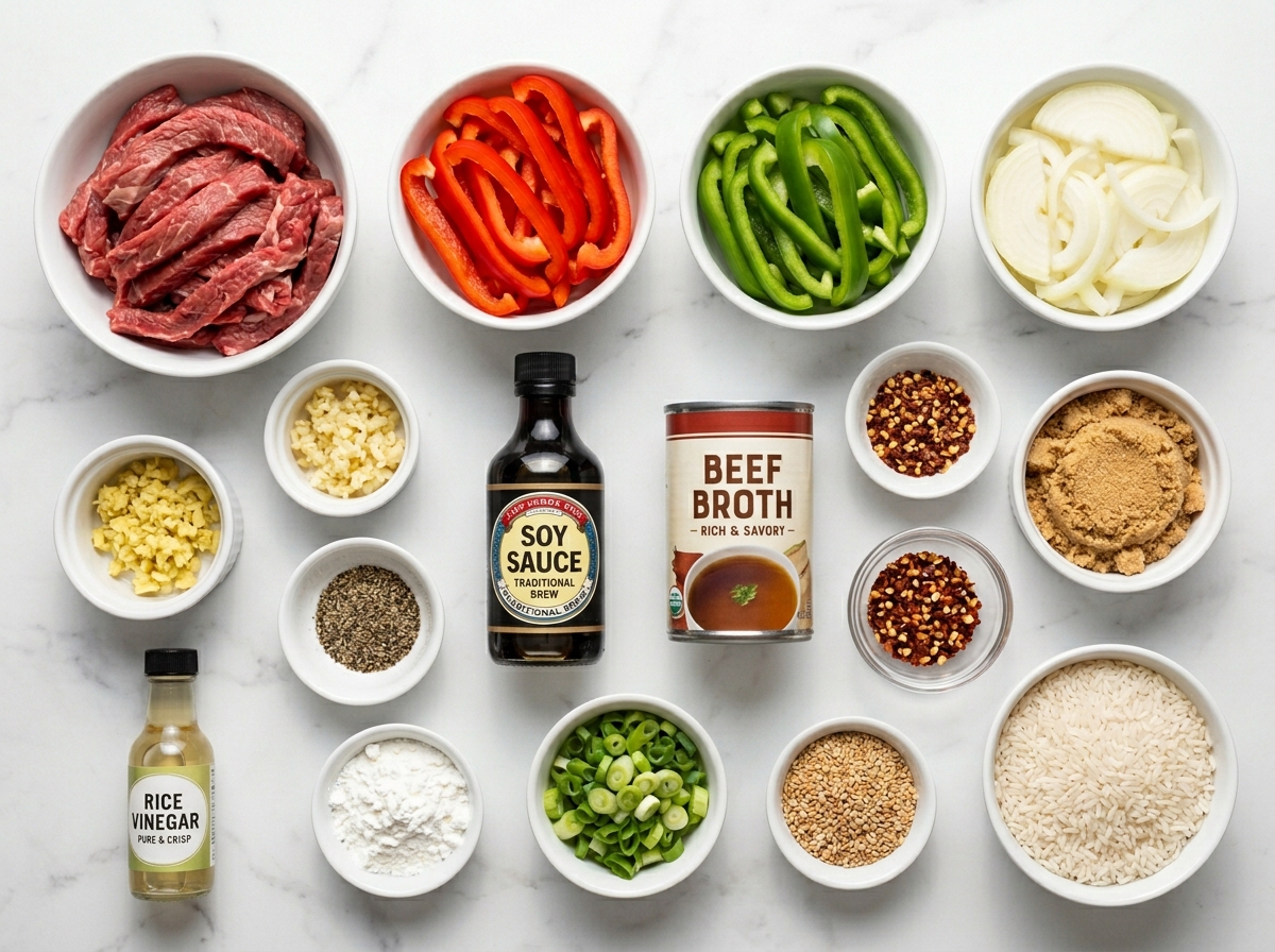Raw beef, bell peppers, onion, and sauce ingredients for pepper steak