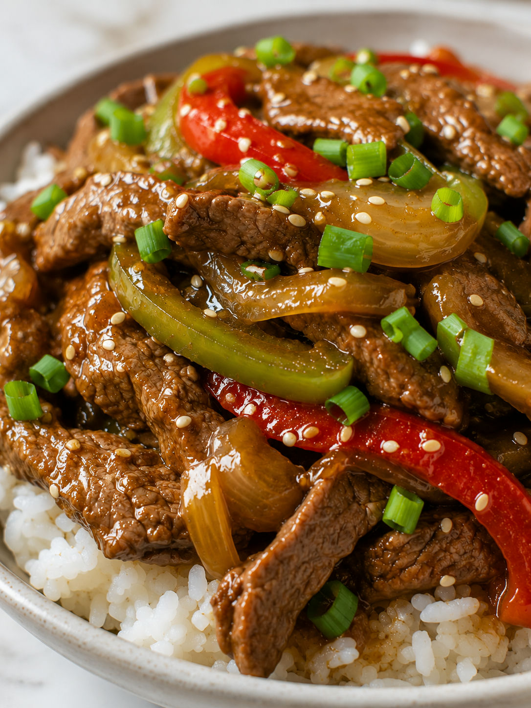 Easy Crock Pot Pepper Steak, plated and served
