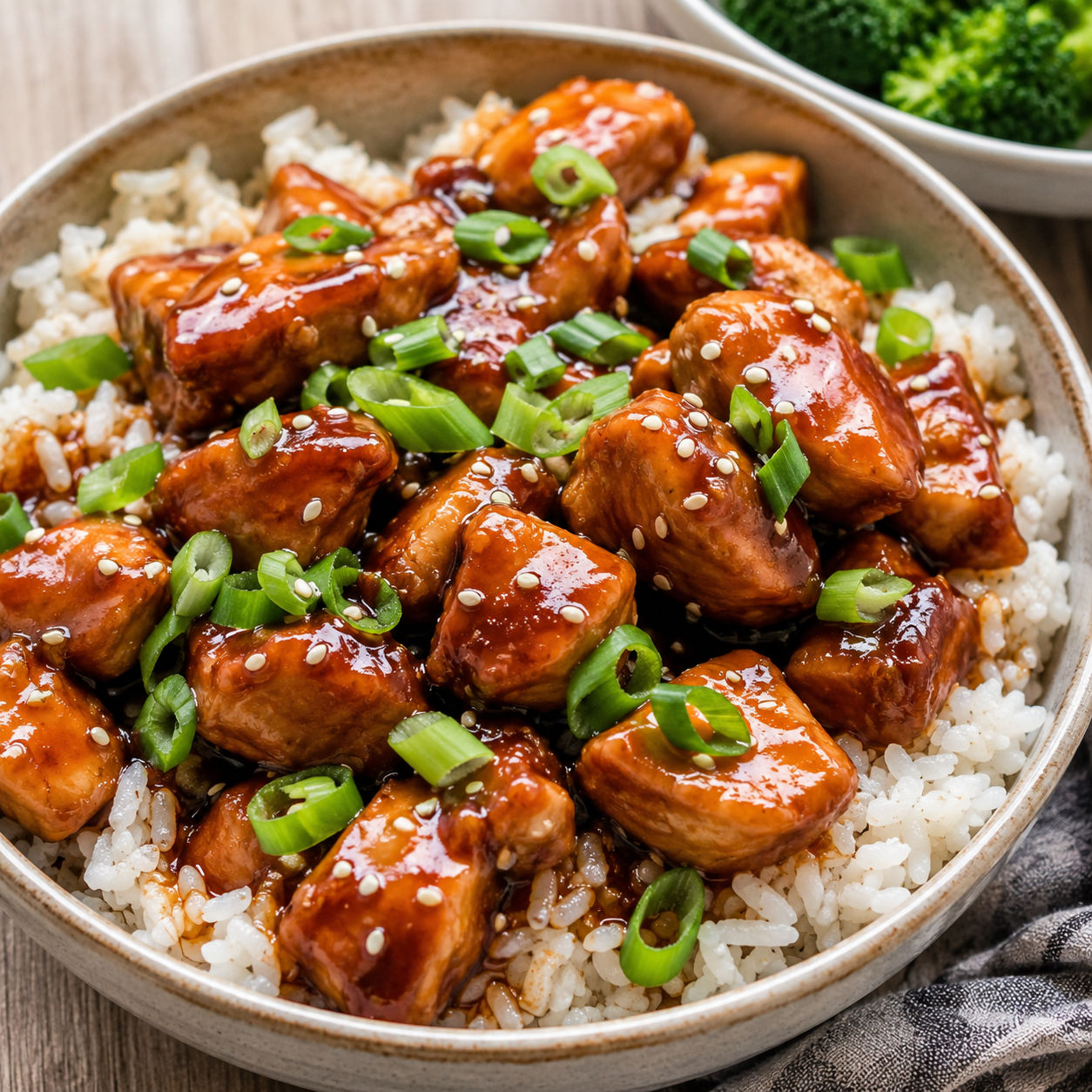 Crockpot bourbon chicken over rice with green onions