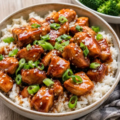 Crockpot bourbon chicken over rice with green onions