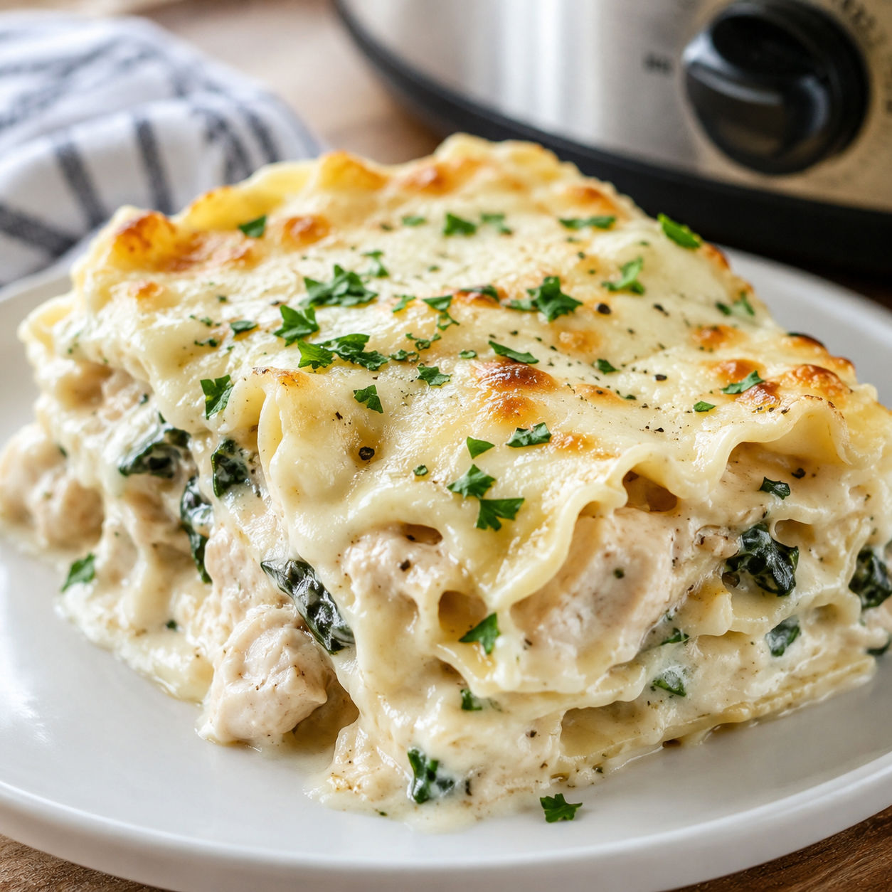 Creamy chicken Alfredo lasagna with melted mozzarella and parsley