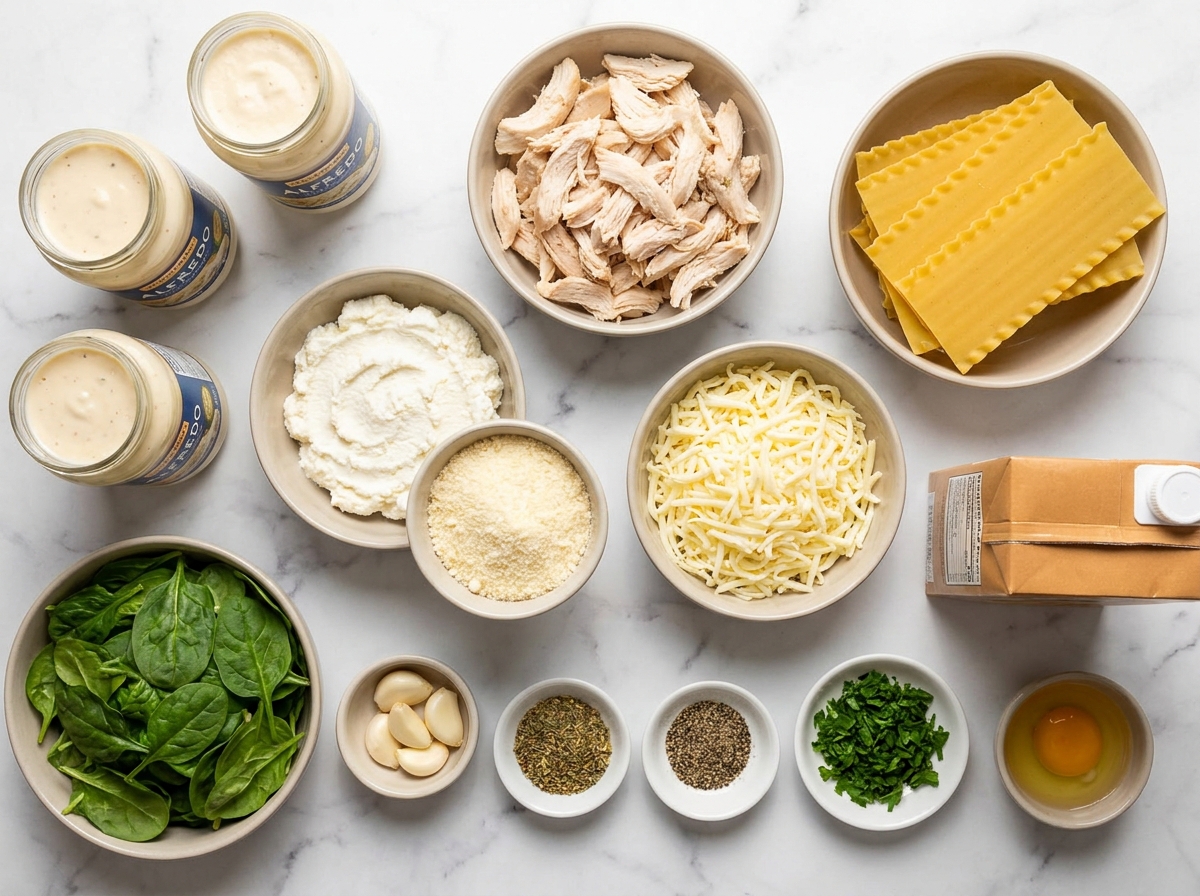Ingredients for chicken Alfredo lasagna with noodles, cheeses, chicken, and spinach