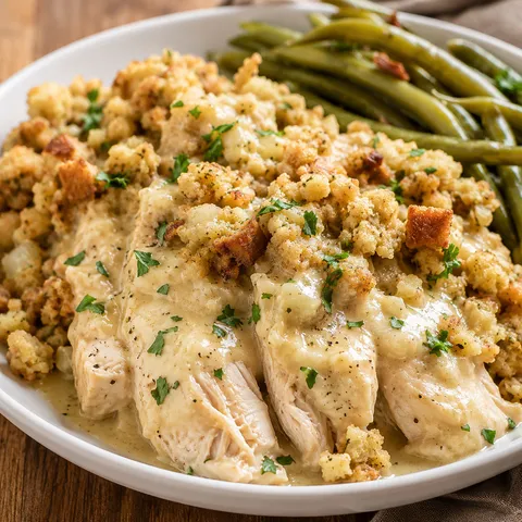 Crockpot chicken and stuffing with creamy sauce and green beans