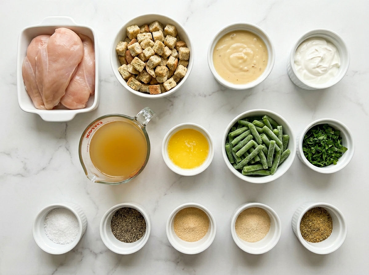 Ingredients for crockpot chicken and stuffing with green beans