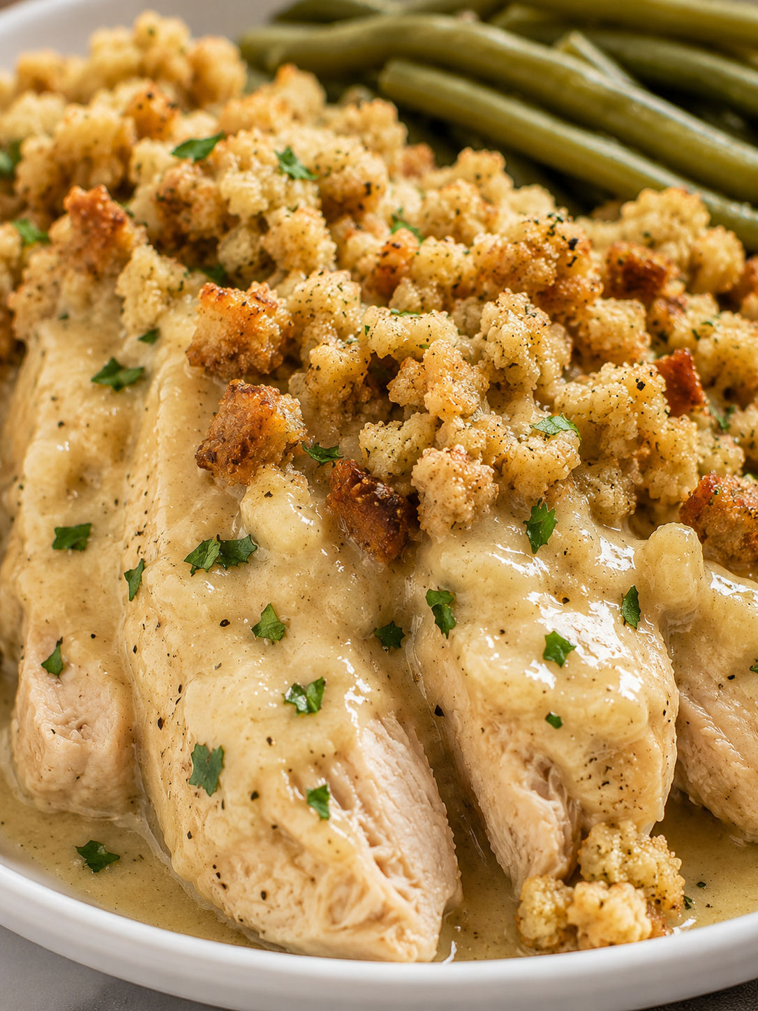 Easy Crockpot Chicken and Stuffing, plated and served